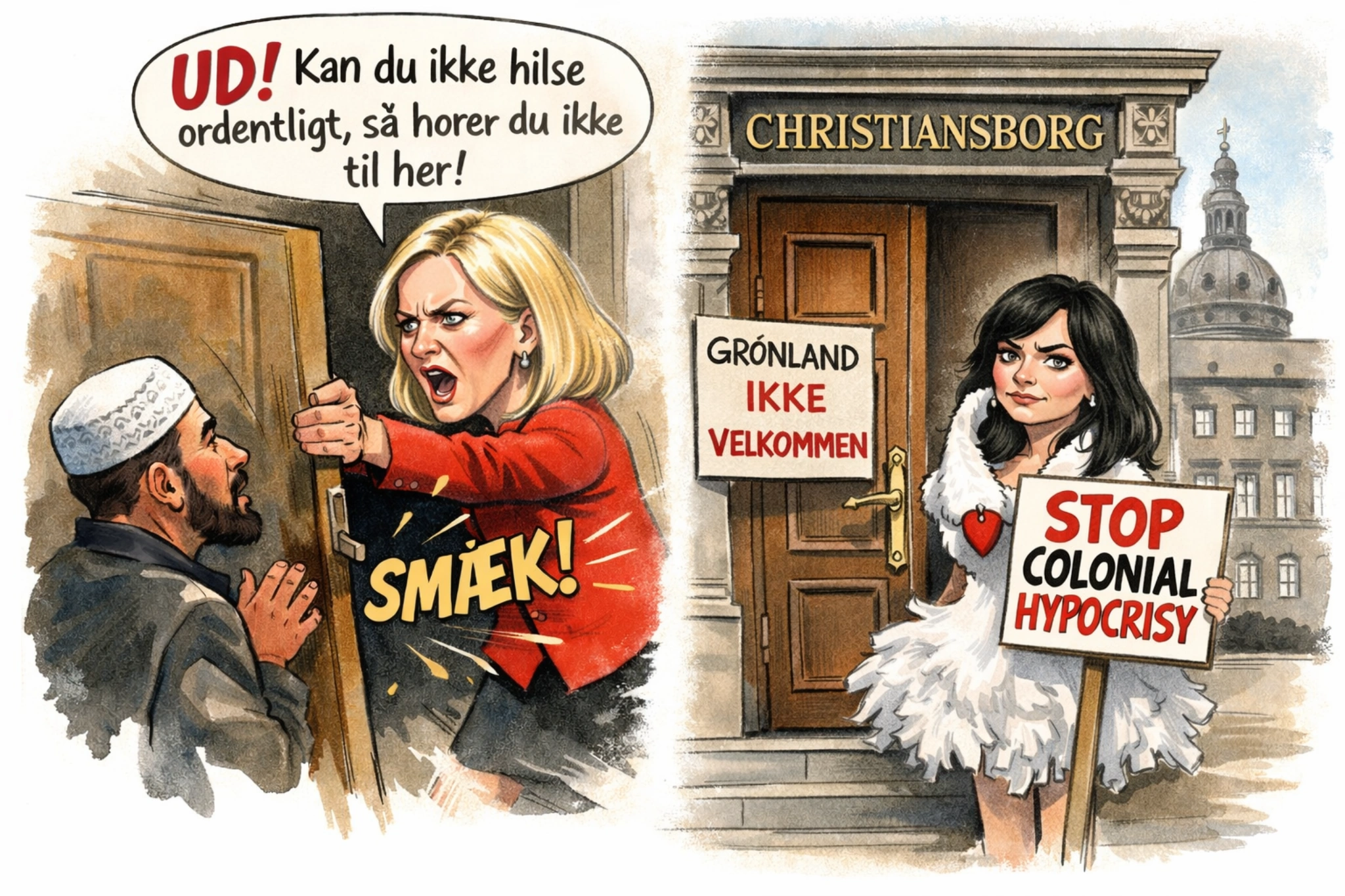 Satirisk illustration af Ida Auken, der smækker døren efter en muslimsk mand, fordi han ikke vil give hånd, men hilser med hånden på hjertet.