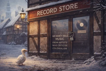 Boykot RecordPusher visualiseret i snedækket pladebutik i Odense inspireret af H.C. Andersens tid med lukket dør og selektiv fravalg af musik