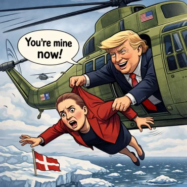 Satirisk illustration af Trump og Mette Frederiksen i en fiktiv Grønland-konflikt