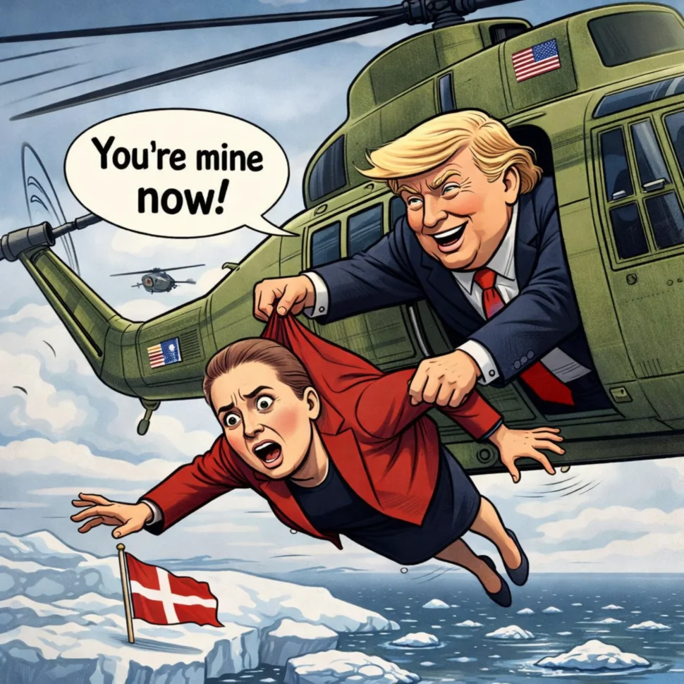 Satirisk illustration af Trump og Mette Frederiksen i en fiktiv Grønland-konflikt