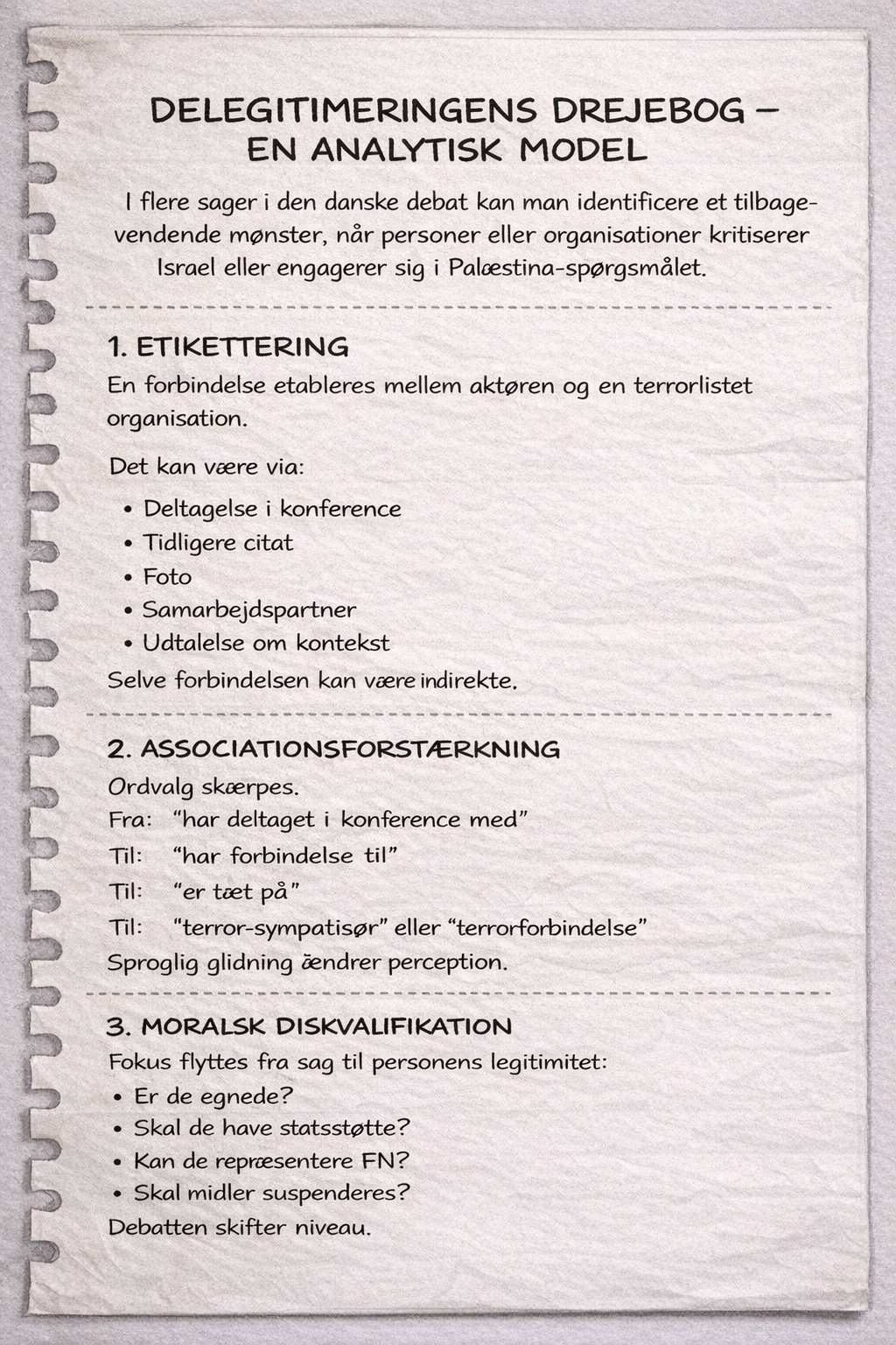 Håndtegnet analytisk model over hvordan terrorassociation kan føre til delegitimering og politisk pres i den offentlige debat
