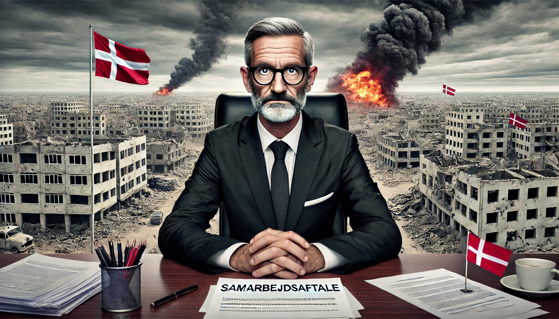 Symbolsk illustration af politisk beslutningstagning og konfliktzoner med dokumenter og nationale symboler