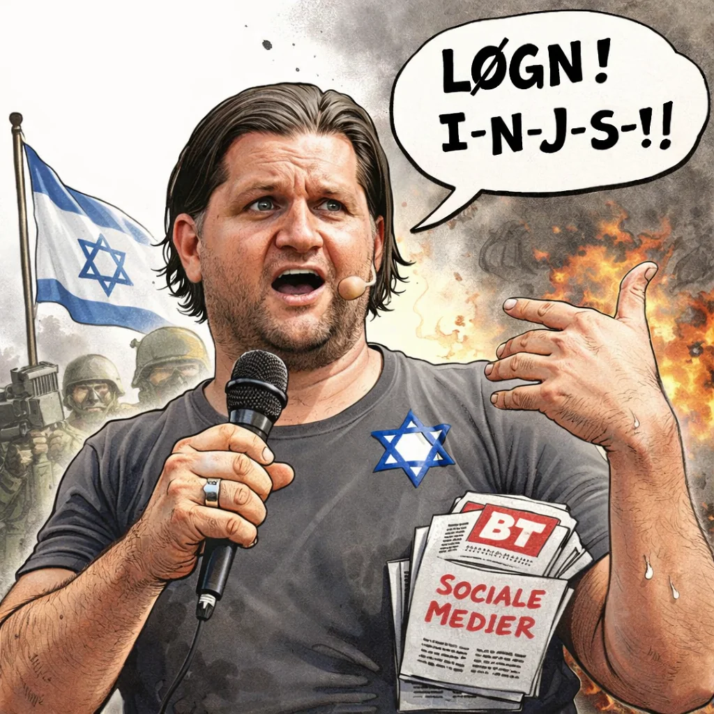 Satirisk illustration relateret til retssagen mellem Jotam Confino og Omar Marzouk om injurier og ytringsfrihed