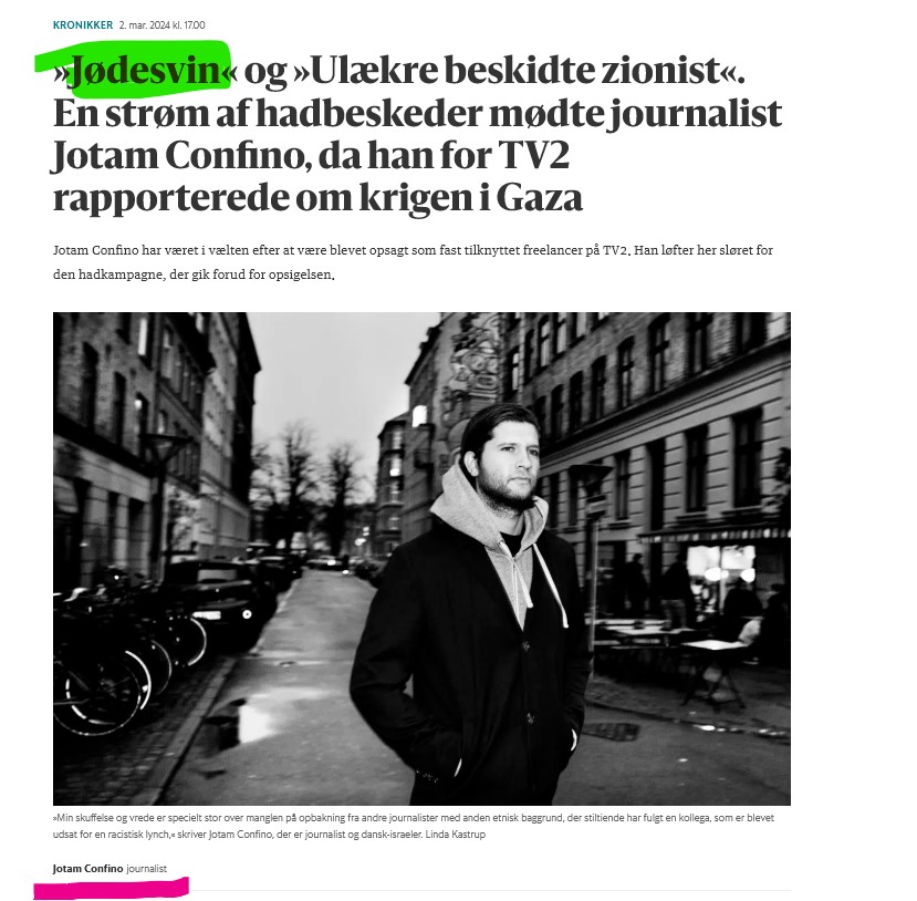 Portrætfoto af journalist Jotam Confino bragt i kronik om hadebeskeder i forbindelse med Gaza-dækning
