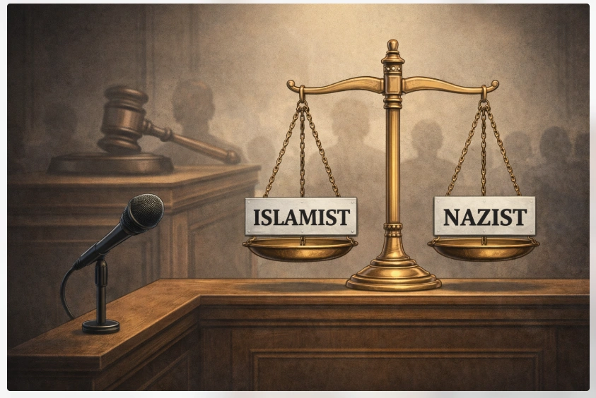 Satirisk illustration i retssal med vægtskål mærket “Islamist” og “Nazist” som symbol på juridisk proportionalitet i injuriesag.