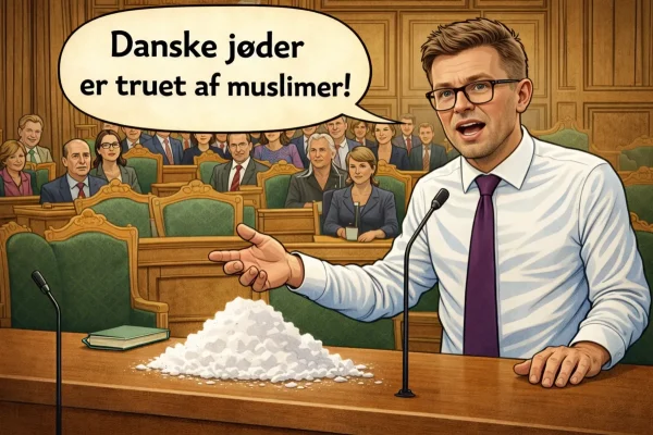 Satirisk illustration af politisk tale i Folketinget med fokus på retorik, sandhed, muslimer og jødetesten i den offentlige debat