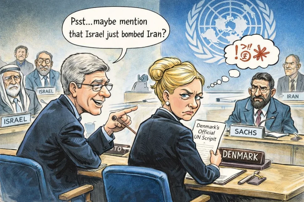 Satirical illustration of Christina Markus Lassen and Jeffrey Sachs at the United Nations Security Council