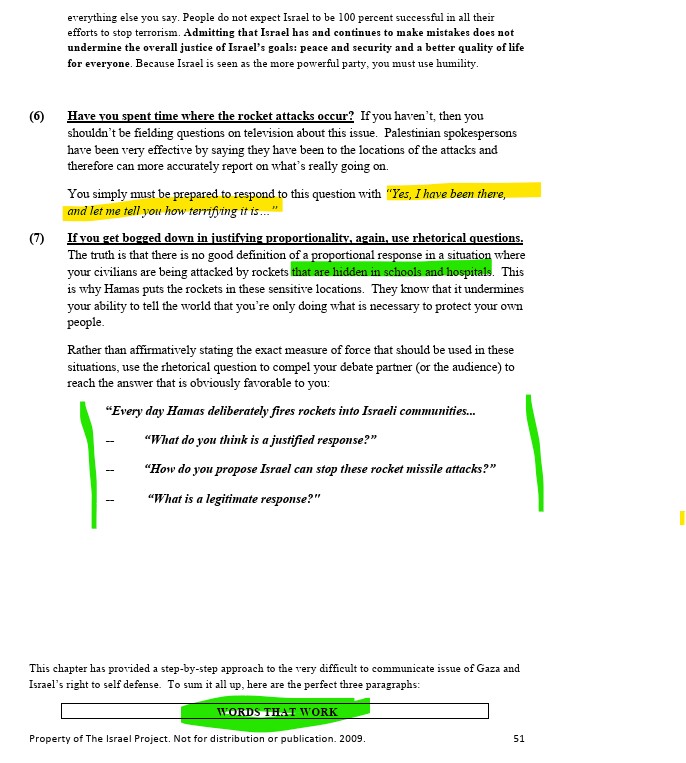 Uddrag fra Global Language Dictionary (2009), kapitel 6, med retoriske spørgsmål og formulering om Hamas og “deliberately fires rockets”.