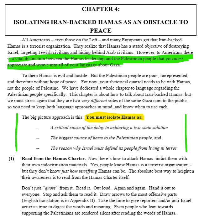 Excerpt from The Israel Project Global Language Dictionary 2009 showing communication strategy on isolating Hamas in public messaging about Gaza