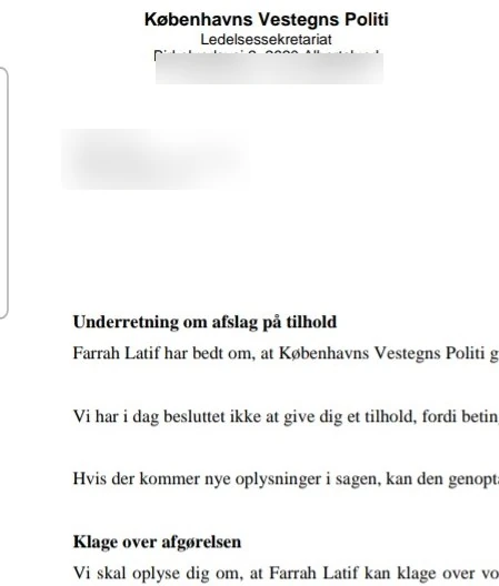 Redigeret dokument om afslag på tilhold, hvor Farrah Latif nævnes som ansøger
