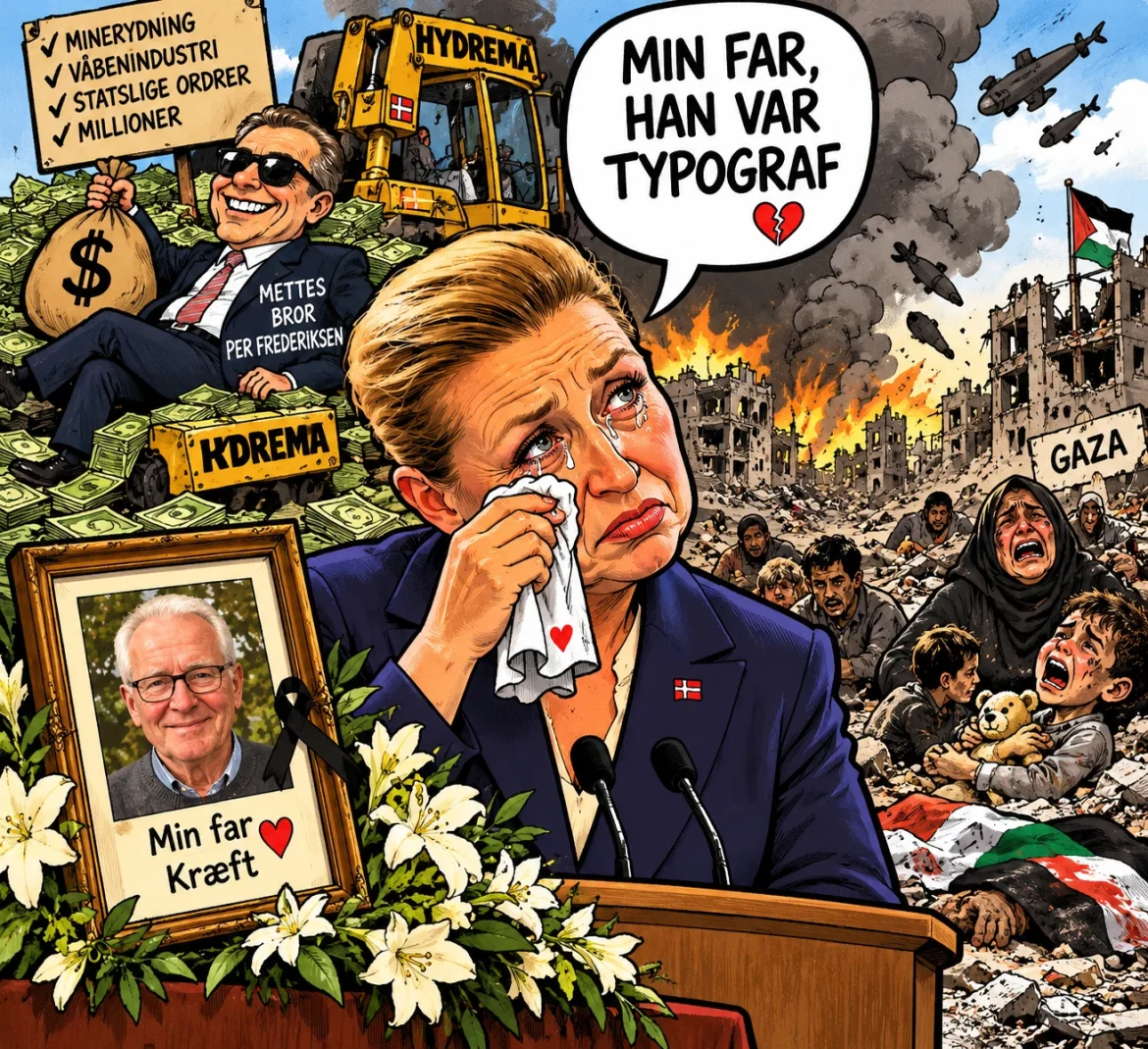 Satirisk illustration af Mette Frederiksen, hendes kræftramte far og kontrasten mellem personlig sorg og krigen i Gaza